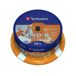 VERBATIM DVD-R 16X, 4,7GB, 25 PACK SPINDLE, WIDE INKJET PRINTABLE, 21-118 MM